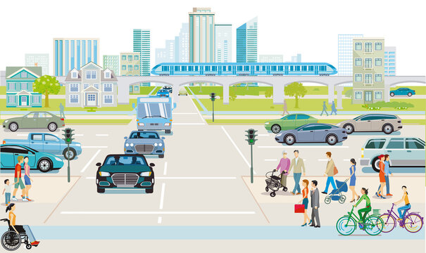 Großstadt mit Fußgänger und Straßenverkehr, Illustration © scusi