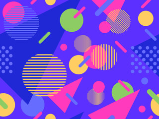 Geometric seamless pattern in 80s memphis style. Colorful background with geometric shapes. Design for promotional products, wrapping paper, brochures and printing. Vector illustration