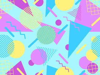 Geometric seamless pattern in 80s memphis style. Colorful background with geometric shapes. Design for promotional products, wrapping paper, brochures and printing. Vector illustration