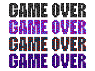 Game over, pixel art. Pixel text informing about the loss in the game. Text in 8-bit retro video game style from 80s - 90s. Design for printing, wrapping paper and advertising. Vector illustration