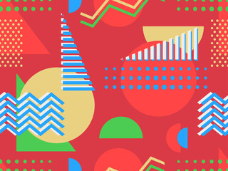 Geometric seamless pattern in 80s memphis style. Colorful background with geometric shapes. Design for promotional products, wrapping paper, brochures and printing. Vector illustration