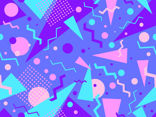 Geometric seamless pattern in 80s memphis style. Colorful background with geometric shapes. Design for promotional products, wrapping paper, brochures and printing. Vector illustration