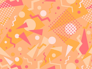 Geometric seamless pattern in 80s memphis style. Colorful background with geometric shapes. Design for promotional products, wrapping paper, brochures and printing. Vector illustration