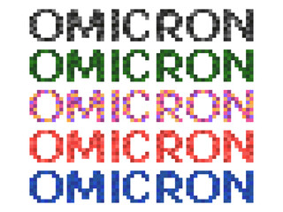 Omicron pixel lettering isolated on white background. Text in 80s and 90s video game 8-bit style. Design for banners, promotional items and prints. Vector illustration