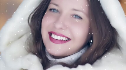 Winter fashion and Christmas holiday look. Beautiful smiling woman wearing white sweater and fluffy hooded fur coat, snowing snow and snowflakes. High quality 4k footage