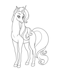 Beautiful unicorn with long mane and tail. Vector illustration for coloring book page.
