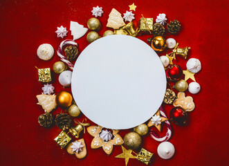Christmas card with holiday decorations and frame for text. Merry Christmas greeting card, banner....
