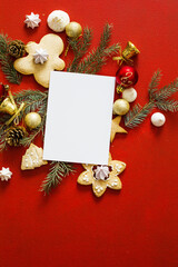 Fototapeta na wymiar Christmas greeting vertical card mock-up for festive invitation or xmas wish. Happy new year or merry christmas composition layout.. Christmas background.