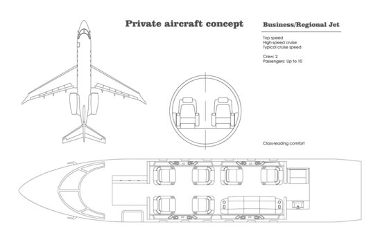 Outline business jet interior. Private aircraft map. Top view of regional plane. Plane seats scheme. Drawing of commercial transport. Industrial blueprint