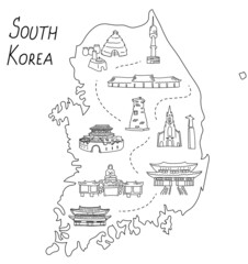 Fototapeta premium South Korea outline doodle illustrated map. The most famous Korean landmarks, temples and buildings.