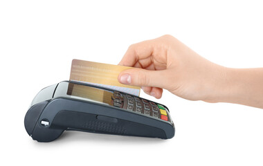 Woman with credit card using modern payment terminal on white background, closeup