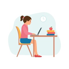 Fototapeta na wymiar Pupil study with laptop. Girl sitting at laptop and learning school lesson. Right Posture. Kid using gadget during lesson at primary school. Vector illustration