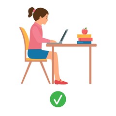 Correct posture. Girl sitting at laptop. Ergonomic sit correct  chair computer good  body position.Healthy back. Vector illustration