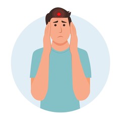 The man having   headache and migraines. Symptoms of a viral disease.Respiratory Illness, Virus Prevention.Isolated. Vector illustration in flat cartoon style. Health and medicine.
