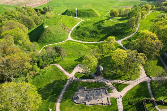Aerial spring evening view in sunny Kernave Archaeological Site