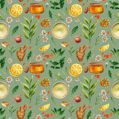 Pattern with green tea watercolor