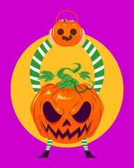 pumpkin head character vector holding a pumpkin