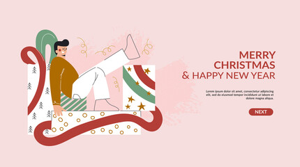 Excited young man carrying many Christmas gifts or presents boxes with gold star confetti on pink pastel background. Fair sale landing page template, New year event banner. Flat vector illustration