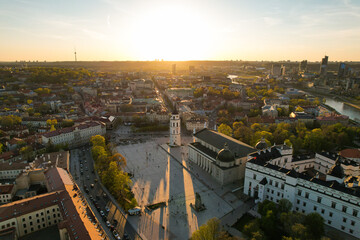 Aerial spring evening view in sunny Vilnius old town