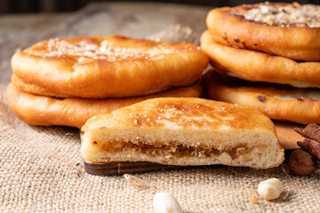 Korean pancakes made from yeast dough stuffed with nuts. Winter Korean dessert.