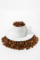 set Perfect small white coffee cup with beautiful ones. roasted coffee beans on white background