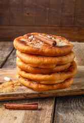 A stack of yeast dough dessert stuffed with nuts. Classic South Korean street food.