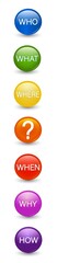 Colored isolated buttons with Question mark with question -Who What Where When Why How- Solve the questions. Problem solving. Investigation and research. Asking questions. Questioning