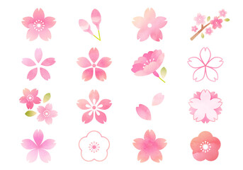 桜の水彩風のアイコンのベクターイラストセット