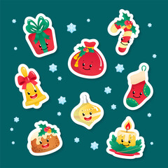 Set of cute cartoon Christmas stickers. Collection of winter holiday symbols with cute faces: a pudding, a Santa Claus bag, a gift box, a candy cane, a bell, a candle, a ball and a sock.