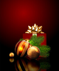 Greeting card Merry Christmas and Happy New Year. Gift, christmas balls and fir branches in a red background. Highly realistic illustration.