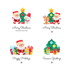 Set of winter holidays greetings with funny characters. Cute Christmas illustrations of a Santa Claus, a deer, a snowman and a decorated fir tree isolated on a white background.