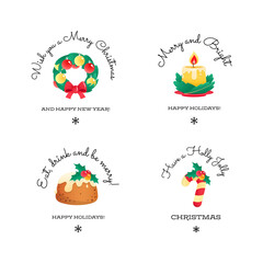 Set of winter holidays greeting cards. Cartoon illustrations of a christmas wreath, a candle, a pudding and a candy cane isolated on a white background.