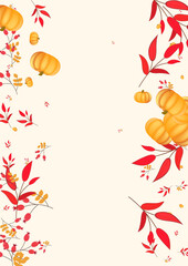 Obraz na płótnie Canvas Yellow Pumpkin Background Beige Vector. Vegetable Invitation. Green Wallpaper Texture. Abstract Frame. Gold Leaves Cozy Border.