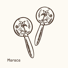 Maraca. Ink black and white doodle drawing in woodcut style with inscription.