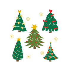 Set of Christmas trees, pines modern hand drawn style. Winter holidays symbols. New Years and xmas traditional symbol with  decoration and star. Design for banner, packing paper, postcard, poster, web