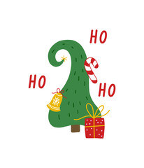 Decorated christmas tree with gift boxes, star, decoration balls. Design for banner, packing paper, postcard, poster, web. New Years and xmas traditional symbol. Hand drawn style vector illustration.