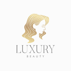 Luxury long wavy hair woman portrait, Golden gradient icon for beauty and hair salon logo template