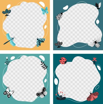 Insects, butterflies, beetles, flowers. Set of vector frames in the form of a spot in a flat cartoon style. Template for children's photos, postcards, invitations.