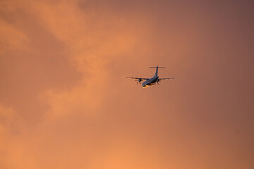 airplane in the evening sky in luminous horizon.