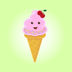 happy soft pink ice cream with cherries and powder in a waffle cone