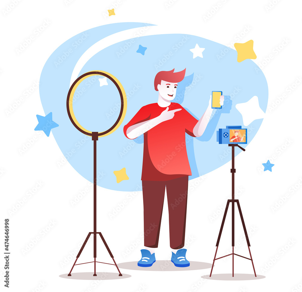 Poster video blogger flat character concept for web design. happy man recording video review of mobile phon
