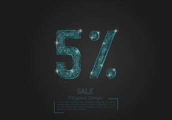 Abstract isolated blue 5 percent sale concept. Polygonal illustration looks like stars in the blask night sky in spase or flying glass shards. Digital design for website, web, internet. © Katsiaryna