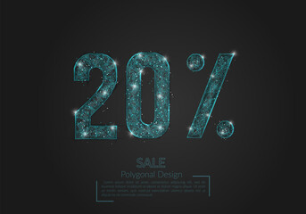 Abstract isolated blue 20 percent sale concept. Polygonal illustration looks like stars in the blask night sky in spase or flying glass shards. Digital design for website, web, internet. © Katsiaryna