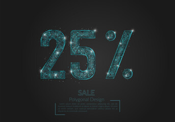 Abstract isolated blue 25 percent sale concept. Polygonal illustration looks like stars in the blask night sky in spase or flying glass shards. Digital design for website, web, internet. © Katsiaryna