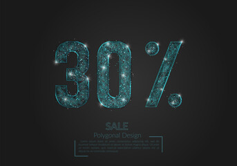 Abstract isolated blue 30 percent sale concept. Polygonal illustration looks like stars in the blask night sky in spase or flying glass shards. Digital design for website, web, internet.