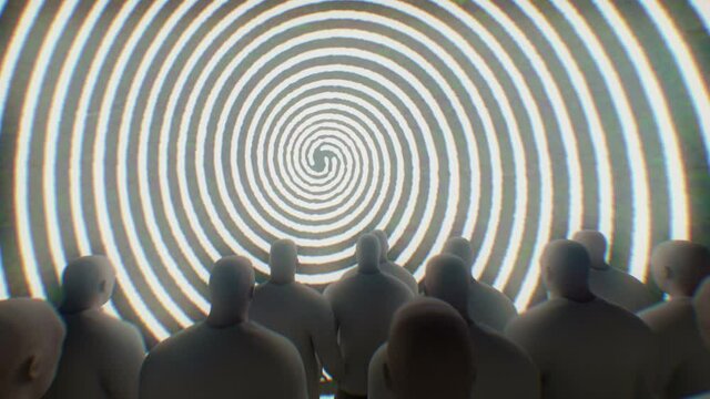 brainswashed men looking at hypnotic spiral