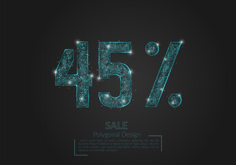 Abstract isolated blue 45 percent sale concept. Polygonal illustration looks like stars in the blask night sky in spase or flying glass shards. Digital design for website, web, internet. © Katsiaryna