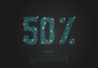 Abstract isolated blue 50 percent sale concept. Polygonal illustration looks like stars in the blask night sky in spase or flying glass shards. Digital design for website, web, internet. © Katsiaryna
