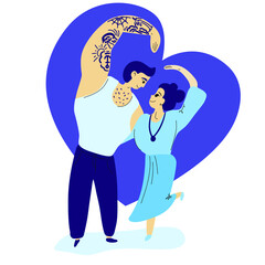 Romantic valentine's day card. A loving couple in blue colors. Man sailor in tattoos and his stylish woman