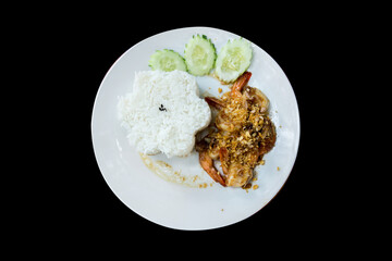 Top view of Rice with Stir Fried Shrimp with Garlic and White Pepper